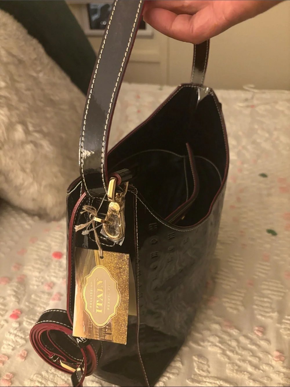 Patent Leather Shoulder Hobo Bag in Black with Red Trim